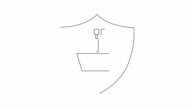 Bir kalkanın içindeki alışveriş arabası ve çekiç tüketicilerin korunmasını sembolize ediyor. E-ticaret, perakende ve tüketicilerin korunması için ideal.