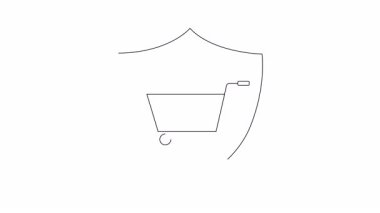 Kalkanın içindeki alışveriş arabasının canlandırılmış simgesi, güvenli online alışverişi sembolize ediyor. E-ticaret, güvenlik ve perakende ile ilgili içerik için ideal.