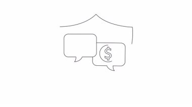 Canlandırılmış simge bir kalkan, sohbet baloncukları ve kullanıcı dolar sembolleri ile güvenli iletişim gösteriyor. Veri korunması, güvenli işlemler ve mahremiyet için ideal.