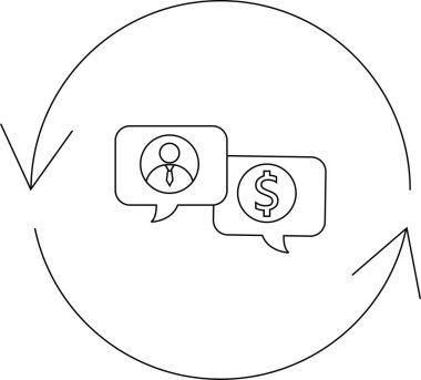 Bu simge, bir kişi simgesi ve dolar işaretinin yer aldığı, mali tartışmaları ve işlemleri sembolize eden bir iş iletişimi döngüsünü temsil ediyor..