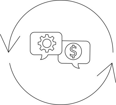 Dişli ve dolar işaretli iş döngüsü çizimleri konuşma baloncuklarının içinde dairesel bir okla çevrili..