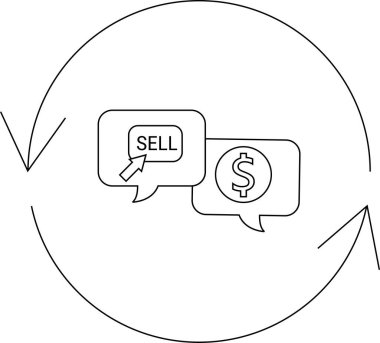 Dairesel bir ok konuşma baloncuklarını sarıyor, biri imleci ile etiketlenmiş SELL, diğeri de bir dolar işareti ile, satış döngüsünü sembolize ediyor..