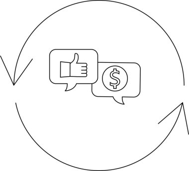 Başparmakları havada bir geri bildirim döngüsü ve içinde dolar işareti olan yuvarlak oklarla çevrili konuşma baloncukları.
