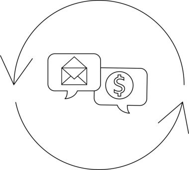 Yuvarlak oklarla çevrili, dolar işareti ve konuşma baloncuklarıyla çevrili e-posta pazarlama ve satış döngüsü..