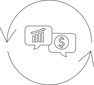 Finansal döngüyü temsil eden basit bir çizgi çizimi, büyüme, yatırım ve yuvarlak ekonomi kavramlarını oklar, bir grafik ve bir dolar işareti ile göstermektedir..