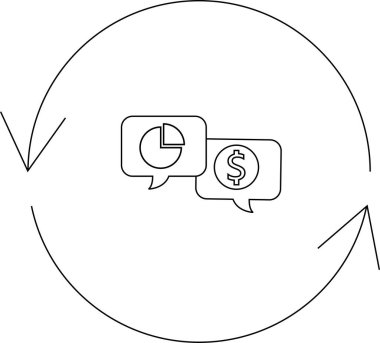 Dairesel bir ok, sürekli finansal tartışmaları ve geri bildirim döngülerini sembolize eden bir turta grafiği ve dolar işareti ile konuşma baloncuklarını kapsar..