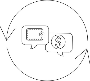 Finansal değişimi temsil eden minimalist bir simge, konuşma baloncukları içinde bir cüzdan ve dolar sembolü, dairesel bir okla çevrelenmiş, para transferini veya alışverişi sembolize ediyor.