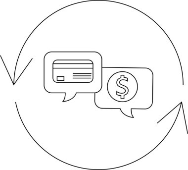 Bu çizgi sanat ikonu, bir kredi kartı ve konuşma baloncukları içinde bir dolar işareti içeren dairesel bir okla çevrili bir finans değiş tokuşunu temsil ediyor..