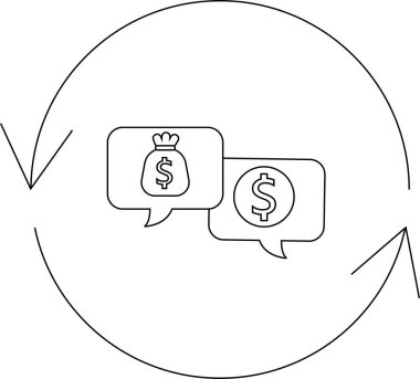 Dairesel bir okla çevrili, konuşma baloncukları içinde para çantası ve dolar işareti içeren bir para değişim simgesi..