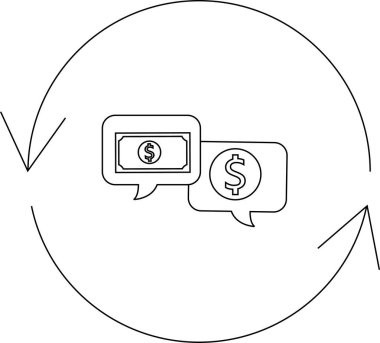 Para akışını ve işlemleri sembolize eden, yuvarlak oklarla çevrili, konuşma baloncukları içinde dolar işaretleri içeren bir mali değişim simgesi.