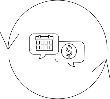 Konuşma baloncukları içinde bir takvim ve dolar işareti, zaman ve para yönetimini sembolize eden bir finansal planlama döngüsünü tasvir eden kavramsal bir illüstrasyon.