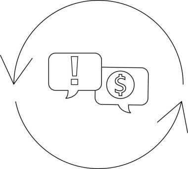 Finansal risk yönetimi döngüsünün bir tasviri, ünlem işareti ve dolar işareti ile konuşma baloncukları, potansiyel sorunları ve finansal sonuçları sembolize ediyor.