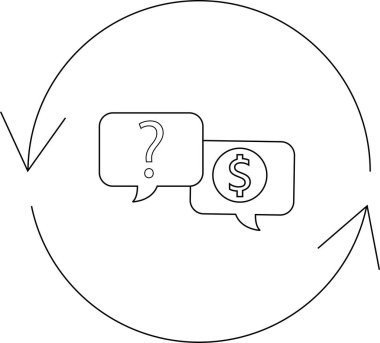 Ticari başarıyı ve sürekli gelişmeyi sembolize eden, döngüsel bir süreçte finansal soru ve cevapları tasvir eden grafik bir illüstrasyon.