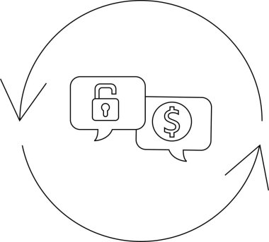 Finansal güvenlik döngüsü, koruma ve parasal değişimi sembolize eden bir kilit ve dolar simgesi ile tasvir edilir..
