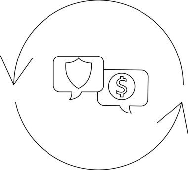 Finansal güvenliği tasvir eden kavramsal bir çizim, konuşma baloncukları içinde bir kalkan ve dolar işareti içeriyor, dairesel bir okla çevrili..
