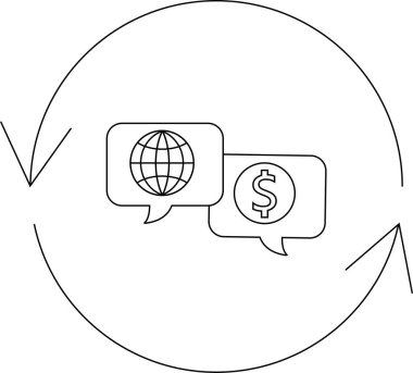 Küresel ekonominin sembolik bir temsili, konuşma baloncukları içinde bir dünya ve dolar sembolü, dairesel bir okla çevrelenmiş, değişim ve akışı gösteren.