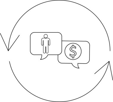 Bir insan figürü ve konuşma baloncuklarındaki bir dolar işareti dairesel bir okla çevrili, değişim, ticaret ve finans kavramlarını temsil ediyor..