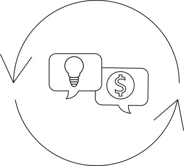 Fikir alışverişinin kavramsal illüstrasyonu ve para kazanma, konuşma baloncukları içinde bir ampul ve dolar işareti, dairesel oklarla çevrili.