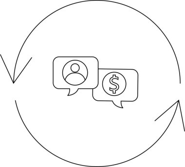 Dairesel bir ok konuşma baloncuklarını bir kullanıcı simgesi ve dolar işaretiyle sarar, pazarlığı ve değişimi sembolize eder.