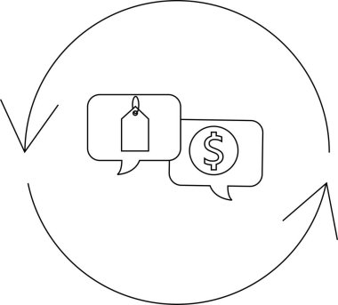 Fiyat pazarlığını tasvir eden bir simge, konuşma baloncukları içinde bir etiket ve dolar işareti, dairesel bir okla çevrili.