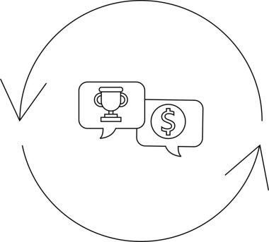 Bir ödül, teşvikler, iş başarısı ve finansal kazancı temsil eden, bir ödül ve dolar işareti içeren konuşma baloncuklarını çevreleyen döngülü bir ok.