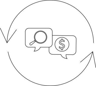 Değer ve para arayışını temsil eden kavramsal bir illüstrasyon, bir büyüteç ve yuvarlak bir okla çevrili konuşma baloncukları içinde bir dolar işareti.