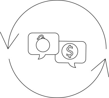 Konuşma baloncuklarındaki bir bomba ve dolar işareti dalgalanmayı, riski ve tehlike ile finansal kazanç arasındaki alışverişi temsil ediyor..