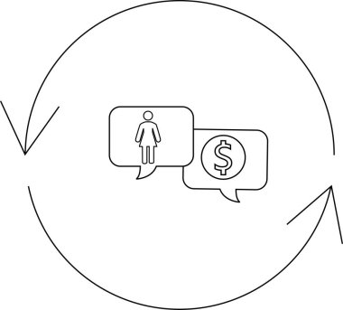 Bir kadını ve para değişimi döngüsünü tasvir eden simge, mali işlemleri, ticareti ve ekonomik faaliyetleri temsil ediyor.