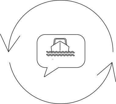 Dairesel bir okla çevrili bir konuşma balonunun içindeki bir tekne simgesi, denizcilik endüstrisindeki iletişimi ve güncellemeleri temsil ediyor..