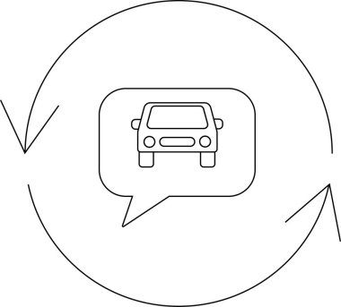 Konuşma baloncuğunun içindeki bir arabayı gösteren basit bir çizgi sanat simgesi, dönen bir okla çevrili, iletişimi ya da araçlarla ilgili geri bildirimi simgeliyor..
