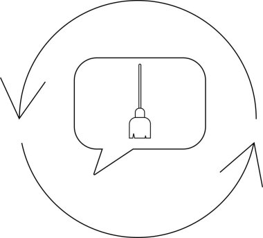 A cleaning service communication icon featuring a broom inside a speech bubble, surrounded by circular arrows, symbolizing cleaning service discussions.