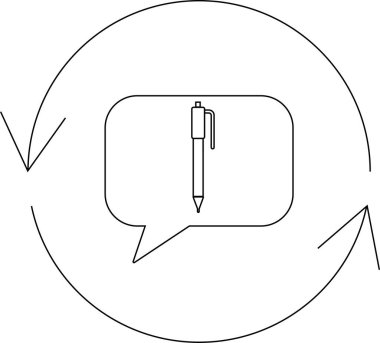 A simple line drawing of a feedback loop with a pen icon inside a speech bubble, symbolizing writing and communication.