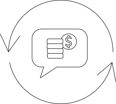 Basit bir çizgi çizimi, bir yığın bozuk para ve dolar işaretli bir konuşma baloncuğu gösteriyor. Etrafı dairesel bir okla çevrili, finansal iletişimi ve geri bildirimi temsil ediyor..
