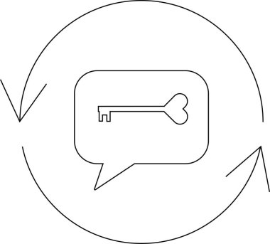 Dairesel oklarla çevrili, güvenli iletişim ve veri şifrelemesini sembolize eden, anahtar içeren bir konuşma baloncuğu içeren bir anahtar takas simgesi.