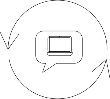 Dairesel oklarla çevrili bir konuşma balonunun içindeki dizüstü bilgisayar iletişimi, geri bildirimi ve tartışmalardaki teknolojik entegrasyonu temsil ediyor..