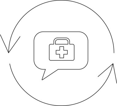 Daire şeklinde oklarla çevrili bir konuşma baloncuğunun içindeki ilk yardım çantası simgesi sürekli tıbbi tavsiyeleri ve desteği simgeliyor..