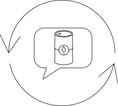 Petrol fiyatlarının döngüsel doğasını temsil eden dairesel bir okla çevrili bir konuşma baloncuğunun içinde bir varil petrol..