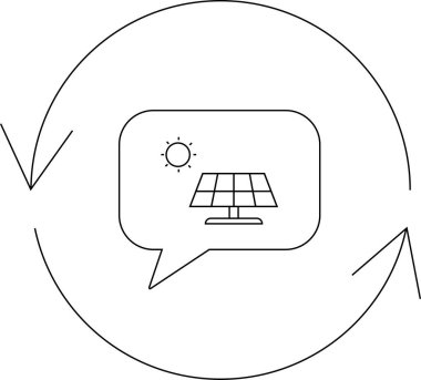 Dairesel oklarla çevrili, yenilenebilir enerji tartışmasını temsil eden bir konuşma baloncuğu içindeki bir güneş panelinin basit bir çizimi.