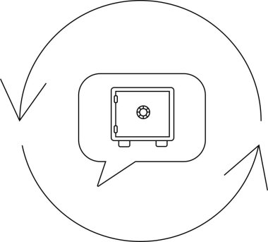 Dairesel oklarla çevrili bir konuşma baloncuğunun içindeki kasanın çizimi güvenlik ve iletişimi işaret ediyor..