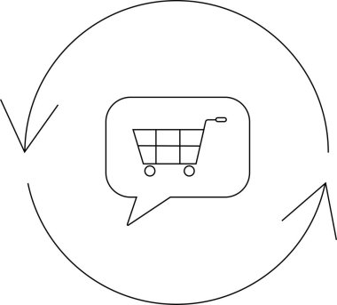 Dairesel bir okla çevrili bir konuşma balonu içinde bir alışveriş arabası simgesi, geri bildirimi ve perakende sürecindeki sürekli gelişmeyi simgeler..