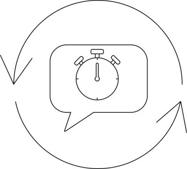 A stopwatch inside a speech bubble, surrounded by circular arrows, symbolizes time-sensitive communication and feedback loops.