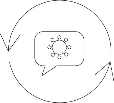 A symbolic illustration of a virus within a speech bubble, encircled by arrows, representing the cyclical nature of viral communication and spread.