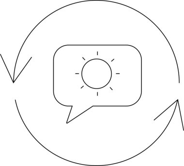 Hava durumu tahmin güncelleme simgesi, dairesel oklarla çevrili, sürekli güncellemeleri ve bilgileri sembolize eden, bir konuşma baloncuğu içinde bir güneş içerir.