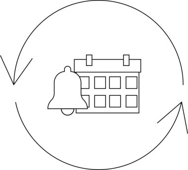 Önünde çan olan bir takvim simgesi, dairesel oklarla çevrili, hatırlatıcıları ve yinelenen olayları sembolize eden.