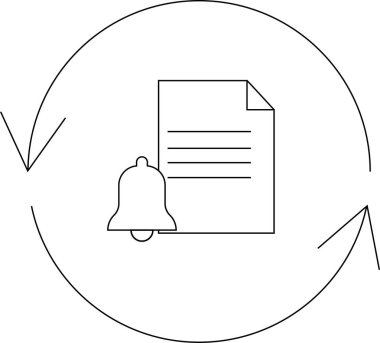 Belge bildirimlerini temsil eden basit bir simge, bir çan ve tazeleme sembolü, güncellemeleri veya uyarıları göstermek için ideal.