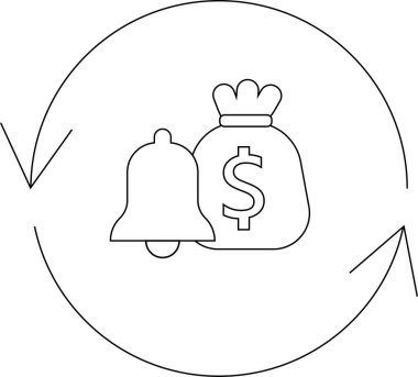 Dolar işareti ve çanı olan para çantasını tasvir eden bir çizgi sanat simgesi, oklarla çevrili, finansal bildirimleri ya da uyarıları simgeliyor..
