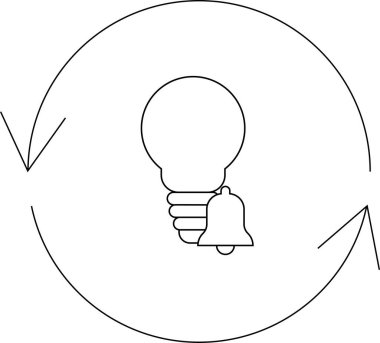 Dairesel oklarla çevrili bir ampul ve çan simgesi, fikirleri, bildirimleri ve sürekli gelişmeyi veya geri bildirim döngülerini sembolize eder.