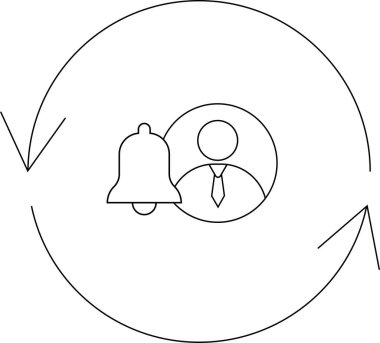 Bir çan ve dairesel ok içinde bir kişi simgesi tarafından temsil edilen, uyarılarla birlikte kullanıcı senkronizasyonunu betimleyen bir minimalist simge.
