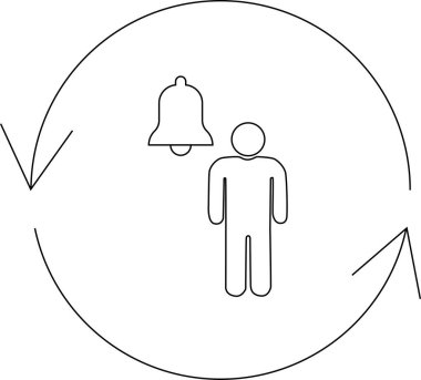 Bir çan simgesinin yanında duran bir kişinin basit bir çizgi çizimi, dairesel bir ok döngüsü içinde, bildirim veya hatırlatma önerir.