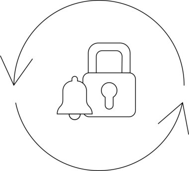 Dairesel okla çevrili, güncellemeleri ve güvenliği sembolize eden kilit ve çan içeren bir güvenlik uyarı simgesi.